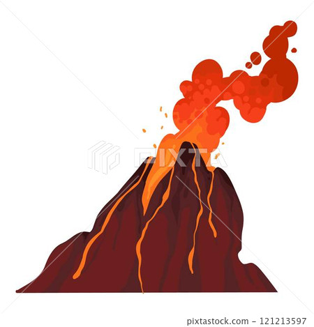 Volcano. Mountain eruption with fire lava explosion with smoke. Volcanic magma flow element for computer game landscape. Volcano vector isolated icon Volcano. Mountain eruption with fire lava explosion with smoke. Volcanic magma flow element for computer game landscape. Volcano vector isolated icon 121213597