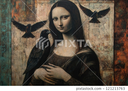 Mona lisa holding a raven with other birds flying in the background 121213763
