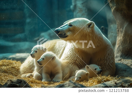 Polar bear watching over cubs in zoo enclosure 121213788