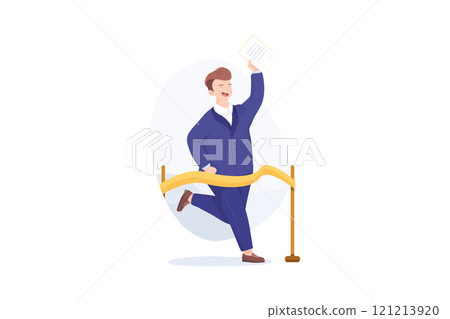 Businessman with contract in hand at a finishing line. Concept of successful business. 121213920