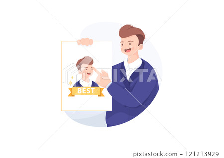Businessman or manager hold a poster "The best worker of the month" 121213929