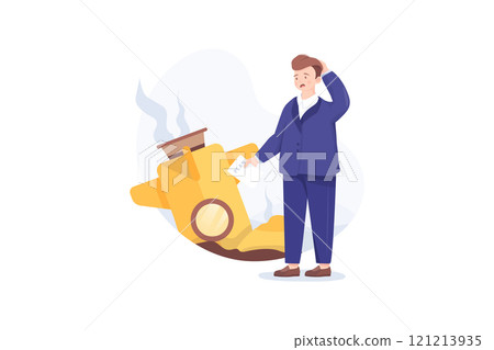 Businessman with plan and rocket crashed. Business failure, the rocket fall down. 121213935