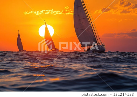Sailboats sailing on the sea at sunset with orange sky 121214158