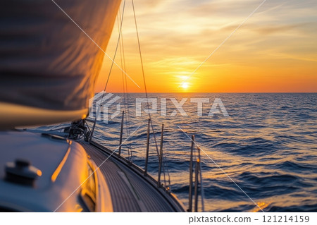 Sailing boat navigating into the sunset on calm sea 121214159