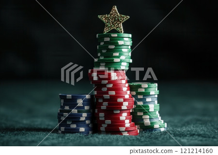 Casino chips stacked as christmas tree with golden glitter star 121214160