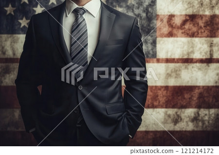 Businessman standing with hands in pockets in front of american flag 121214172