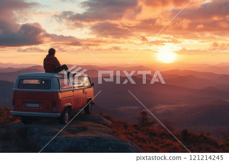 Tourist sitting on camper van roof watching mountain sunset Tourist sitting on camper van roof watching mountain sunset 121214245