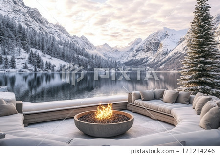 Burning fire pit warming snowy patio overlooking frozen lake and mountains 121214246