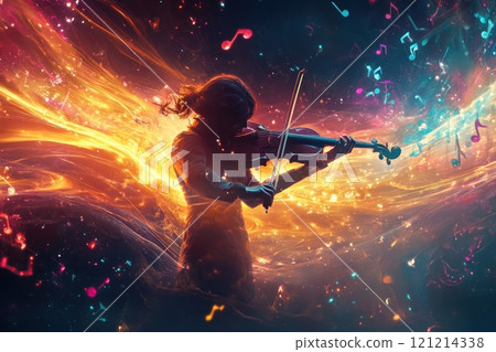 Female violinist performing with universe background and floating musical notes 121214338