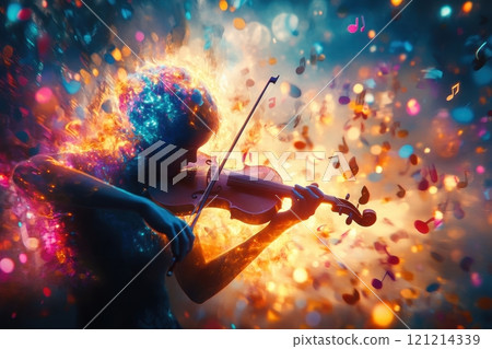 Musician playing violin with passion and fire in a colorful explosion of music notes 121214339