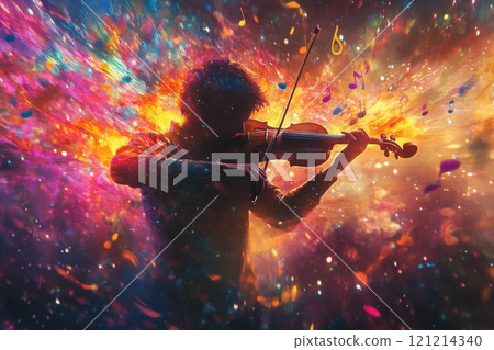 Musician playing violin with passion and energy in a colorful universe 121214340