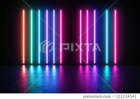Colorful neon lights illuminating dark room with reflective floor 121214341