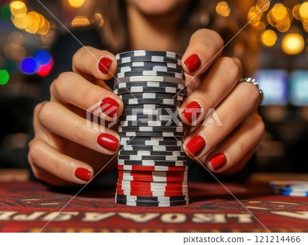 Croupier stacking casino chips on a gaming table 121214466