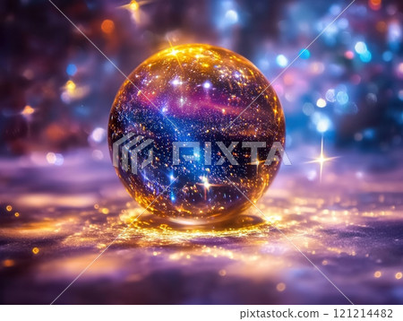 Crystal ball reflecting the universe in a sparkling galaxy background 121214482