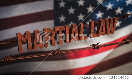 The  Martial law and barbed wire on USA flag for Background concept 3d rendering. 121214652