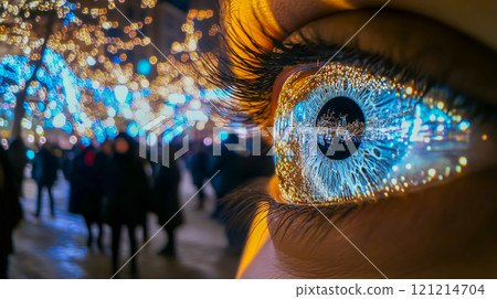 Christmas illuminations reflected in a woman's eyes 121214704