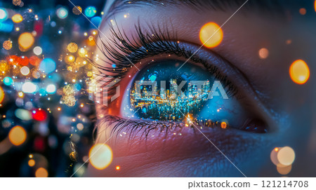 Christmas illuminations reflected in a woman's eyes 121214708