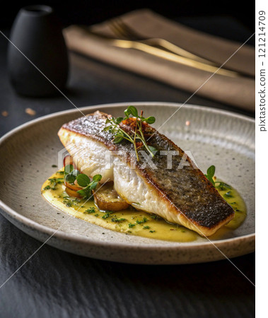Pan-fried sea bass, a familiar French dish Pan-fried sea bass, a familiar French dish 121214709