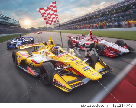 Race cars crossing finish line at sunset on racetrack 121214748