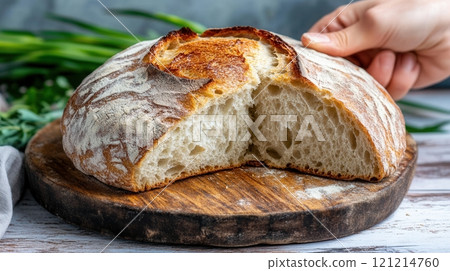 Baker breaking freshly baked sourdough bread on wooden board 121214760