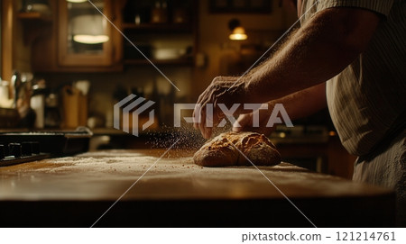 Baker sprinkling flour on freshly baked artisan bread in kitchen 121214761
