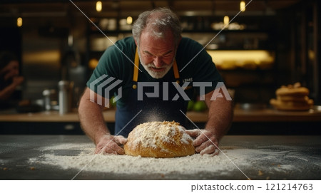 Baker kneading and preparing freshly baked bread in flour covered table 121214763