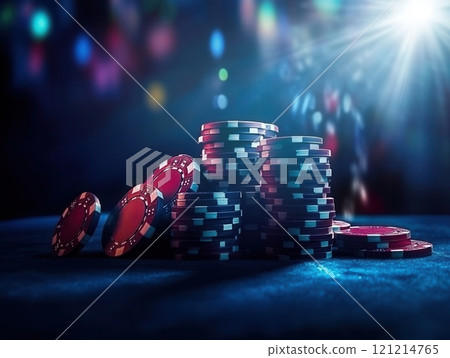 Poker chips stacked high on casino table with blurred background 121214765