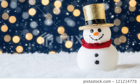 Smiling snowman wearing golden hat and red scarf during snowfall 121214778
