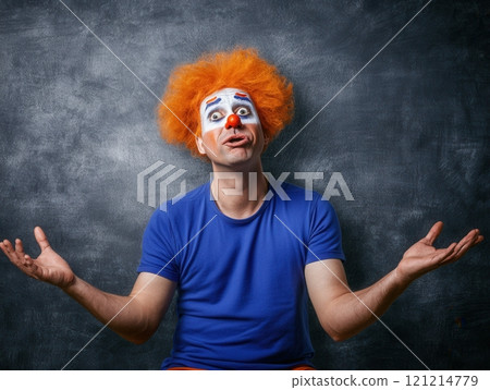 Confused clown shrugging in front of chalkboard background 121214779