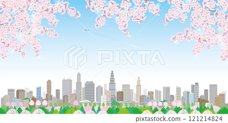 櫻花盛開的春天城市景觀的插圖。 121214824