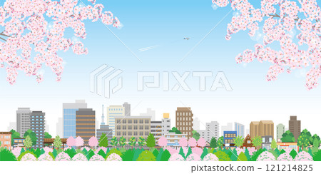 櫻花盛開的春天城市景觀的插圖。 121214825
