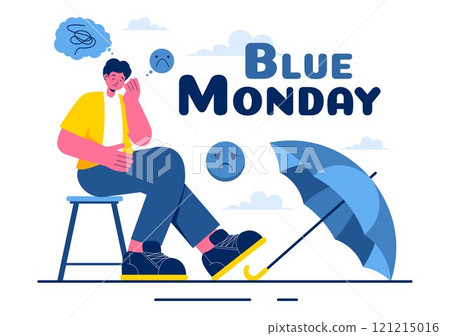 Blue Monday Illustration Depicting Sadness and Mental Health Influenced by Weather and certain circumstances in a Flat Style Cartoon Background 121215016