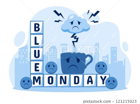 Blue Monday Illustration Depicting Sadness and Mental Health Influenced by Weather and certain circumstances in a Flat Style Cartoon Background 121215023