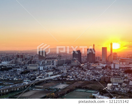 Aerial view of Saitama Prefecture, Saitama City, Saitama New Urban Center, dyed in the sunset 121215142