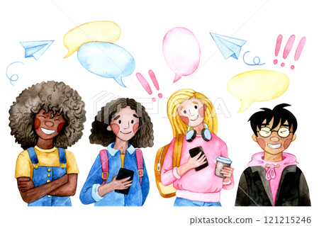 set of student characters of different genders and nationalities. watercolor illustration set of student characters of different genders and nationalities. watercolor illustration 121215246