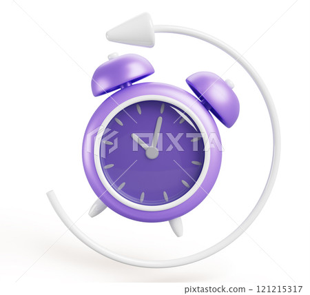 3d alarm clock with circle arrow speed. Vintage purple watch countdown hours and minutes. Fast delivery service, deadline or time management concept, isolated cartoon render icon. 3D illustration 121215317