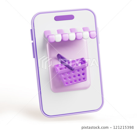 3d online shopping, mobile phone with basket and awning on screen. Order, payment in online shop app with delivery from retail store, supermarket, market, isolated cartoon render icon. 3D illustration 121215398