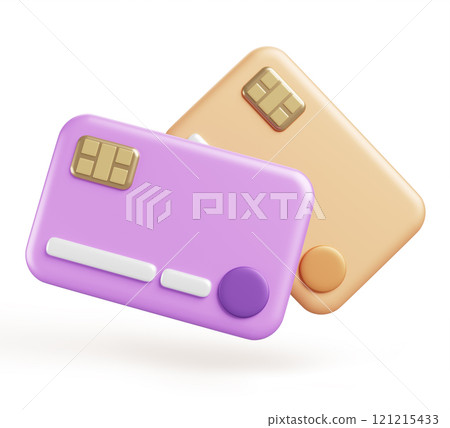 3d credit card mockup cartoon render icon. Gold and purple plastic bank debit cards with chip for money financial payment, transfer and online shopping isolated on white background. 3D illustration 121215433