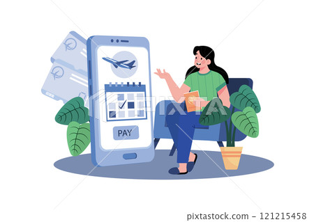 Woman saves money on plane tickets. 121215458