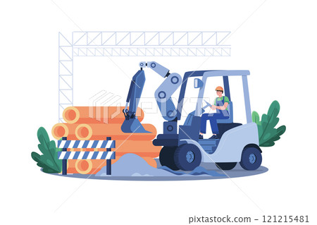 Construction worker clears site with heavy machinery. 121215481