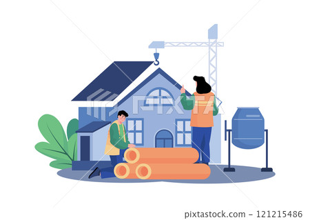 Construction crew installs new roof on building. 121215486