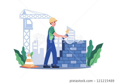 Construction worker lays bricks for sturdy wall. 121215489