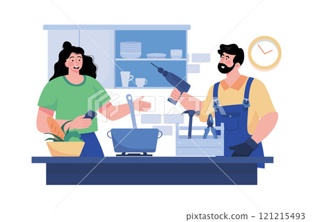 Homeowner hires contractor for kitchen renovation. Homeowner hires contractor for kitchen renovation. 121215493