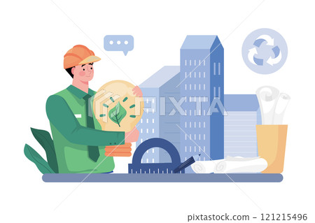 Architect designs sustainable, energy-efficient building. 121215496