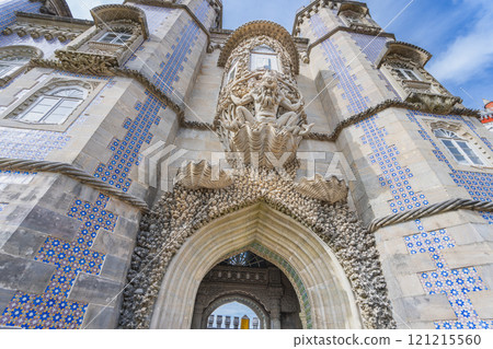 Ornate Palace Entrance with Mythical Sea Creature Sculpture. Pena Palace. 121215560