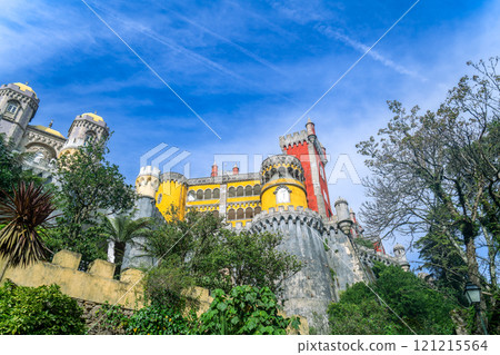Pena Palace's Vibrant Architecture Against a Clear Blue Sky. Pena Palace's Vibrant Architecture Against a Clear Blue Sky. 121215564