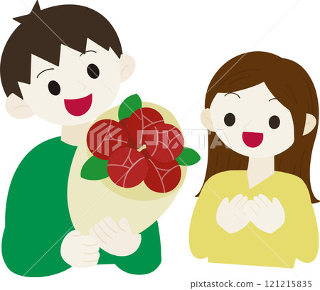 一個送花束的男人和一個幸福的女人的彩色插圖剪輯 一個送花束的男人和一個幸福的女人的彩色插圖剪輯 121215835