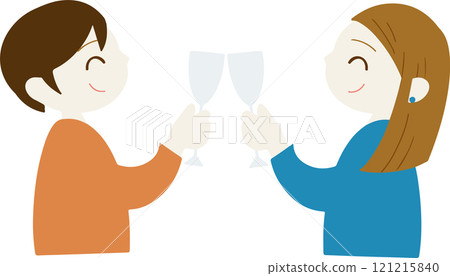 An illustration of two women smiling and toasting with glasses 121215840