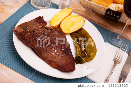 Grilled beef steak with potatoes and jalapenos peppers 121215865
