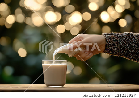 A Hand Pours Fresh Milk into a Glass on a Rustic Wooden Table Surrounded by a Dreamy Bokeh Background Creating a Warm and Inviting Atmosphere A Hand Pours Fresh Milk into a Glass on a Rustic Wooden Table Surrounded by a Dreamy Bokeh Background Creating a Warm and Inviting Atmosphere 121215927